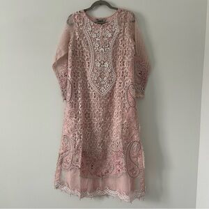 Maria B Embroidered Light Pink Floral Beaded Chiffon Silk Pakistani Top NWT S